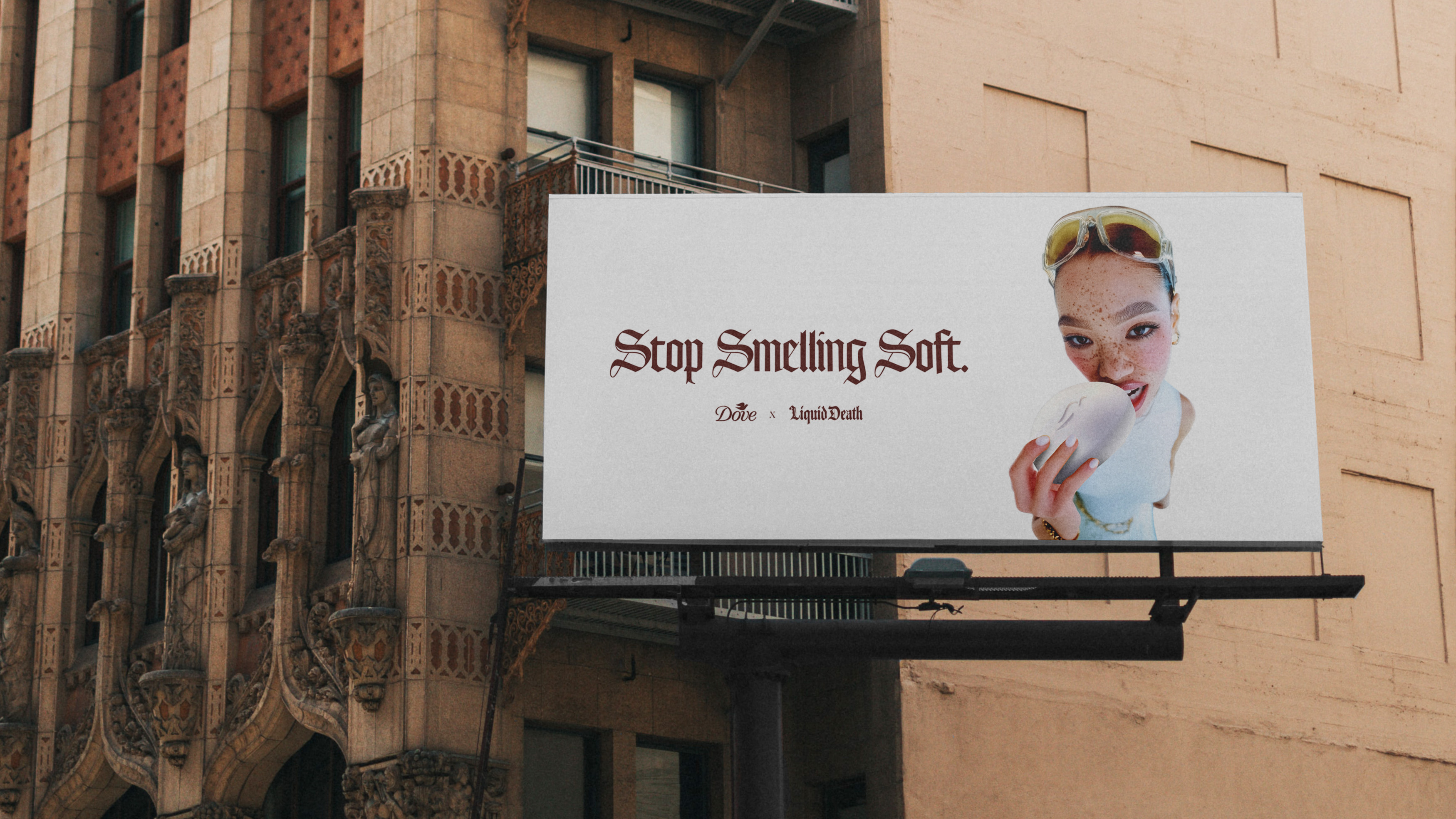 Rage bait billboard mockup for Liquid Dove, a Liquid Death and Dove collaboration campaign